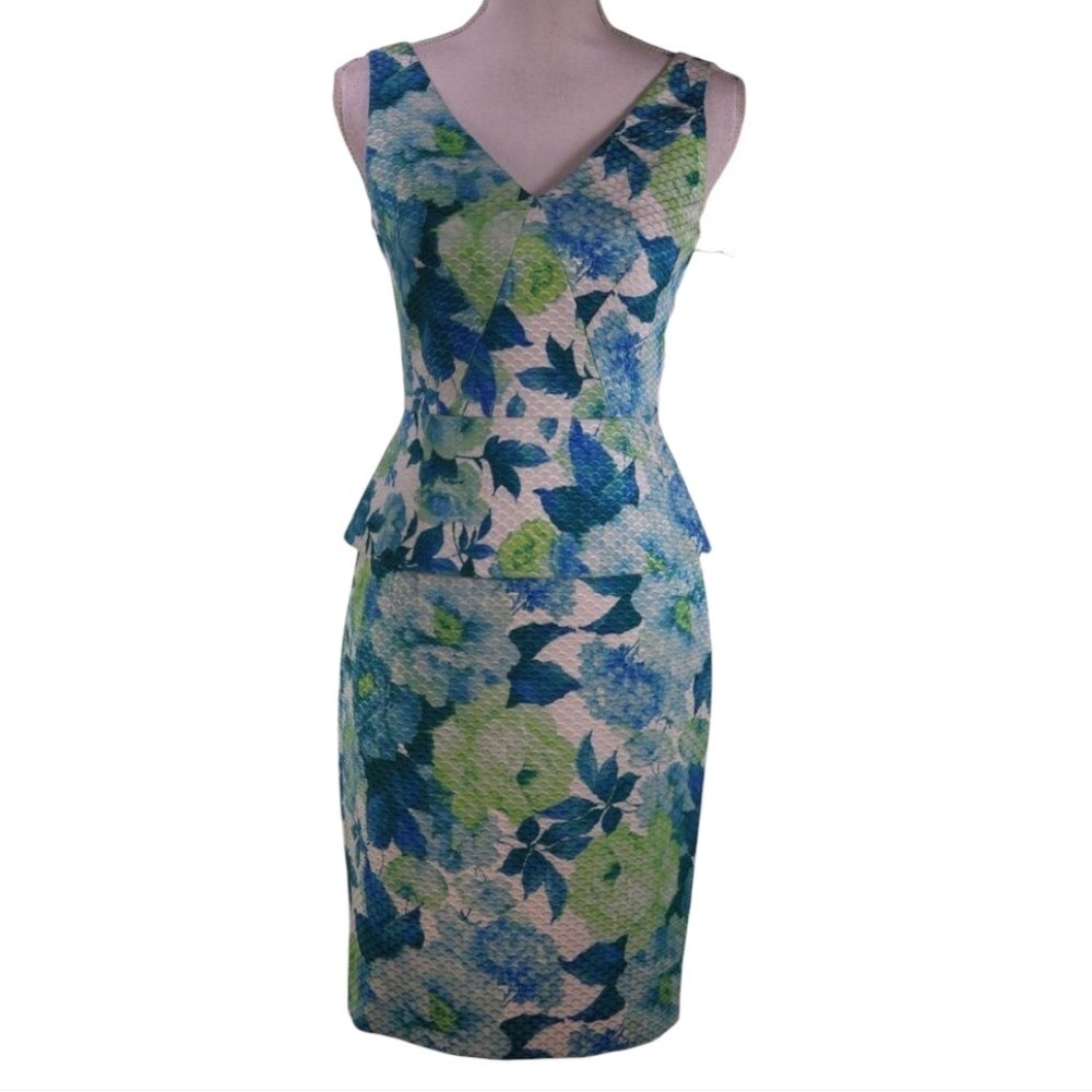 Antonio Melani Ely Floral Printed Novelty Dress Ivory Jade Peplum Maui Size 2